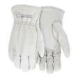 A pair of MCR Safety Memphis Grain Leather Drivers Road Hustler Gloves 3200 is displayed against a plain background. One glove is laid flat, palm up, while the other showcases the back and features a keystone thumb design, with "ROAD HUSLER" embossed on the cuff.