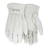 A pair of MCR Safety Memphis Grain Leather Drivers Road Hustler Gloves 3200 is displayed against a plain background. One glove is laid flat, palm up, while the other showcases the back and features a keystone thumb design, with "ROAD HUSLER" embossed on the cuff.