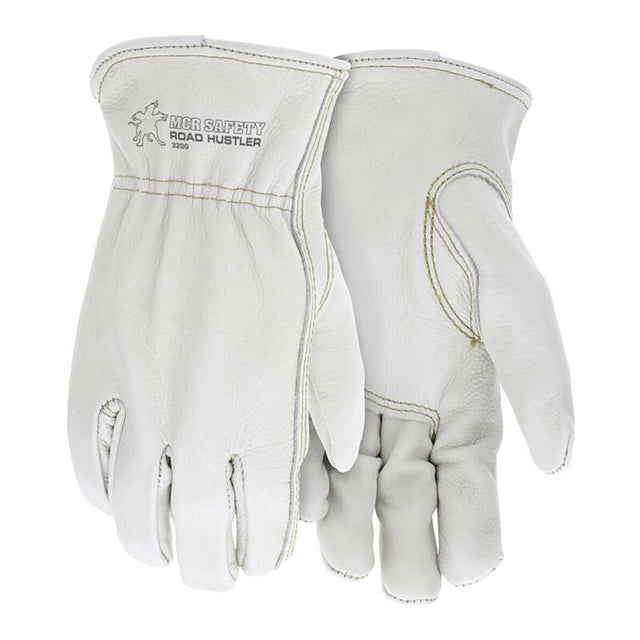 A pair of MCR Safety Memphis Grain Leather Drivers Road Hustler Gloves 3200 is displayed against a plain background. One glove is laid flat, palm up, while the other showcases the back and features a keystone thumb design, with "ROAD HUSLER" embossed on the cuff.