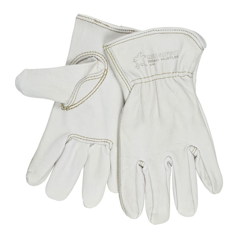 A set of 12 pairs of MCR Safety Memphis Grain Leather Drivers Road Hustler Gloves (model 3200) made from premium cowhide, featuring visible stitching, "MER SAFETY ROAD HUSTLER" on the back, and a keystone thumb design for comfort and flexibility.