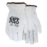 MCR Safety Premium Grain Goatskin Driver Gloves 3601K feature brown trim, Kevlar lining, and "CUT PRO" text for cut resistance (A5, Abr 3), offering superior safety at work. Sold as a pack of 12 pairs.
