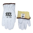 Two MCR Safety Premium Grain Goatskin Driver Gloves 3601K with brown trim: one palm-up showing safety labels, the other inside out revealing a yellow Kevlar cut-resistant liner and an attached safety label.
