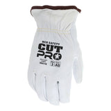 The MCR Safety Premium Grain Goatskin Driver Gloves 3601K (12 pairs) feature brown trim, a durable Kevlar liner for added protection, and have safety ratings printed in black on the back.
