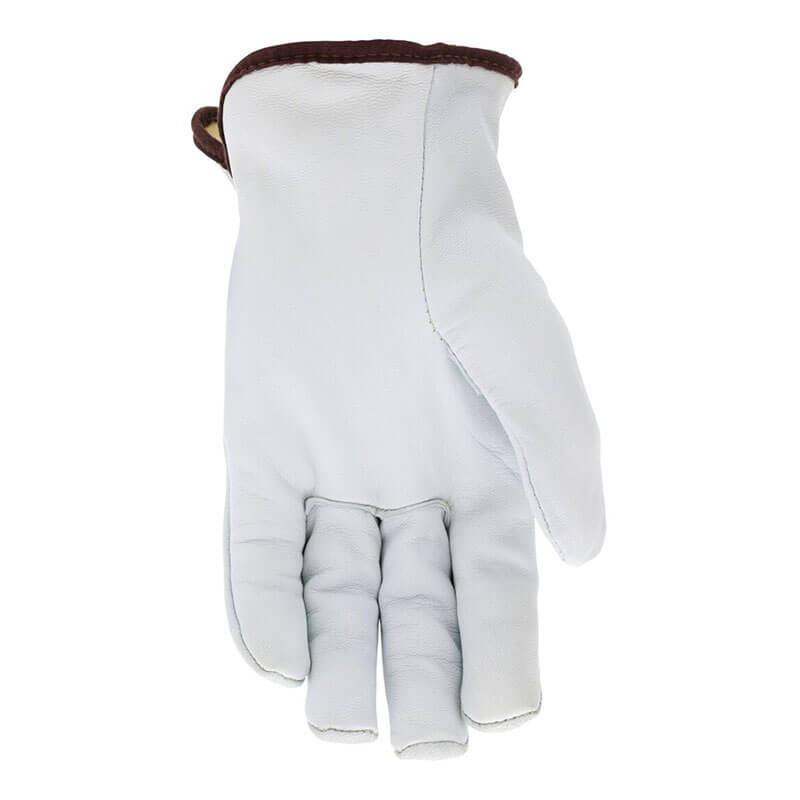 The MCR Safety Premium Grain Goatskin Driver Gloves 3601K (12 pairs) are white leather work gloves with brown wrist trim, shown palm up on a white background. These cut-resistant gloves offer durable protection for the jobsite.