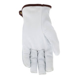 The MCR Safety Premium Grain Goatskin Driver Gloves 3601K (12 pairs) are white leather work gloves with brown wrist trim, shown palm up on a white background. These cut-resistant gloves offer durable protection for the jobsite.