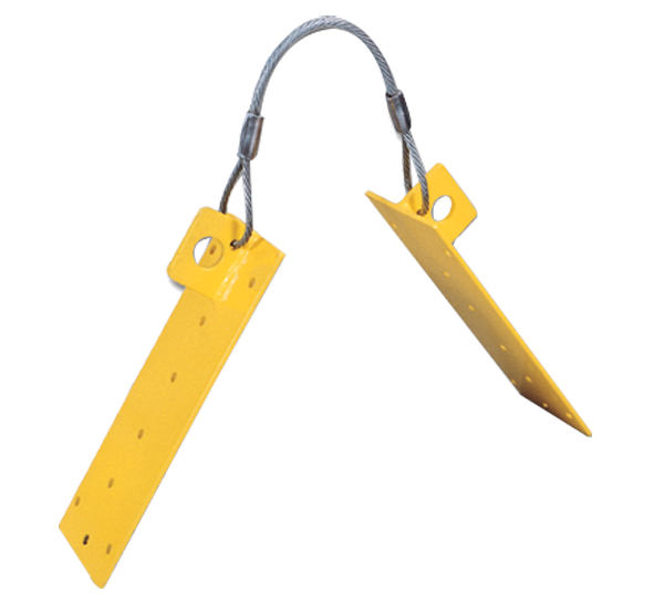 The French Creek Reusable Double Plate Roof Anchor MRA-R, produced by French Creek Production, consists of yellow metal plates linked by a twisted metal cable. Each plate has several small holes, indicating their function as reusable roof anchors. The assembly looks industrial and seems vital for fall protection in mechanical or structural projects, with a blurred background enhancing its focus.