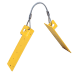 The French Creek Reusable Double Plate Roof Anchor MRA-R, produced by French Creek Production, consists of yellow metal plates linked by a twisted metal cable. Each plate has several small holes, indicating their function as reusable roof anchors. The assembly looks industrial and seems vital for fall protection in mechanical or structural projects, with a blurred background enhancing its focus.