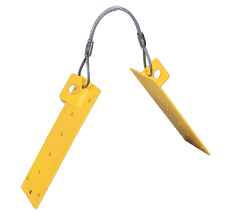 The French Creek Reusable Double Plate Roof Anchor MRA-R, produced by French Creek Production, consists of yellow metal plates linked by a twisted metal cable. Each plate has several small holes, indicating their function as reusable roof anchors. The assembly looks industrial and seems vital for fall protection in mechanical or structural projects, with a blurred background enhancing its focus.