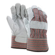 The MCR Safety Memphis 1200S Economy Leather Palm Work Glove, available in a pack of 12 pairs, boasts a gray-and-red color scheme with striped fabric cuffs and a robust leather palm. These gloves are ideal for protection during manual labor tasks and come at an affordable price. They feature reinforced palms and fingers for additional durability, making them easily replaceable.