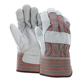 The MCR Safety Memphis 1200S Economy Leather Palm Work Glove, available in a pack of 12 pairs, boasts a gray-and-red color scheme with striped fabric cuffs and a robust leather palm. These gloves are ideal for protection during manual labor tasks and come at an affordable price. They feature reinforced palms and fingers for additional durability, making them easily replaceable.
