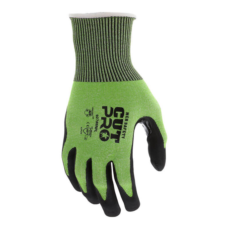 The MCR Safety CutPro HyperMax MicroFoam Nitrile Gloves 92785NF (12 pairs) feature a green and black HPPE design, "CUT PRO" branding, textured grip, and ribbed cuff for superior cut resistance during work.
