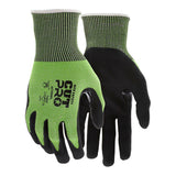 The MCR Safety CutPro HyperMax MicroFoam Nitrile Gloves 92785NF feature green and black HPPE construction, "GUT PRO" and safety symbols on the back, black palms and fingers, plus ribbed cuffs for a secure fit. Sold in packs of 12 pairs.