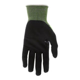 The MCR Safety CutPro HyperMax MicroFoam Nitrile Gloves 92785NF feature a black, cut-resistant design with a green and white striped cuff, shown palm out and fingers down—crafted for reliable durability in tough tasks. Sold as 12 pairs.