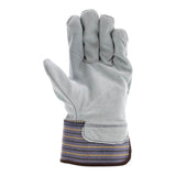 The MCR Safety Memphis 1400 Leather Palm Work Glove features select shoulder cowhide leather, a striped blue, grey, and yellow cuff, and is shown palm-forward—demonstrating MCR Safety’s quality craftsmanship. Pack contains 12 pairs.