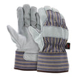 A pair of MCR Safety Memphis 1400 Leather Palm Work Gloves, crafted with gray cowhide leather palms and striped fabric on the back. These Gunn Cut style gloves feature safety cuffs and reinforced stitching, ideal for heavy-duty tasks.