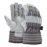 A pair of MCR Safety Memphis 1400 Leather Palm Work Gloves, crafted with gray cowhide leather palms and striped fabric on the back. These Gunn Cut style gloves feature safety cuffs and reinforced stitching, ideal for heavy-duty tasks.