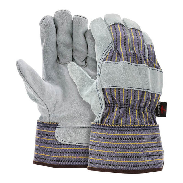 A pair of MCR Safety Memphis 1400 Leather Palm Work Gloves, crafted with gray cowhide leather palms and striped fabric on the back. These Gunn Cut style gloves feature safety cuffs and reinforced stitching, ideal for heavy-duty tasks.