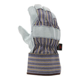 The MCR Safety Memphis 1400 Leather Palm Work Glove (12 pairs) features grey and blue Select Shoulder cowhide leather palms and striped fabric backs with cuffs, shown palm-side away and fingers curved.