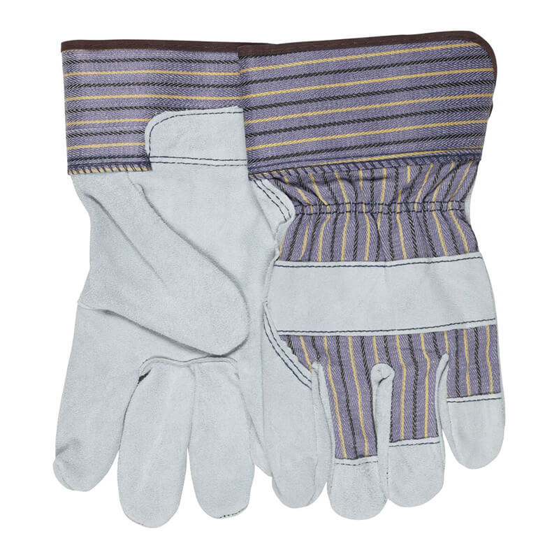 A dozen pairs of MCR Safety Memphis 1400 Leather Palm Work Gloves, featuring Select Shoulder cowhide palms and striped blue, purple, and yellow fabric backs and cuffs, are shown on a white background.
