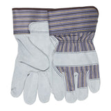 A dozen pairs of MCR Safety Memphis 1400 Leather Palm Work Gloves, featuring Select Shoulder cowhide palms and striped blue, purple, and yellow fabric backs and cuffs, are shown on a white background.