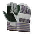 Introducing the MCR Memphis 1411A Double Leather Palm Work Glove by MCR Safety. These durable work gloves feature sturdy cowhide leather palms and fingers in gray and teal, complemented by a back adorned with striped fabric in blue, gray, and beige hues. Designed with reinforced cuffs for added protection, each glove boasts a double leather palm for enhanced durability. Available in sets of 12 pairs.