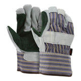 Introducing the MCR Memphis 1411A Double Leather Palm Work Glove by MCR Safety. These durable work gloves feature sturdy cowhide leather palms and fingers in gray and teal, complemented by a back adorned with striped fabric in blue, gray, and beige hues. Designed with reinforced cuffs for added protection, each glove boasts a double leather palm for enhanced durability. Available in sets of 12 pairs.