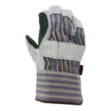 The MCR Safety Memphis 1411A Double Leather Palm Work Glove features a gray suede palm, purple and yellow striped back, thick reinforced cuff, and comes in a pack of 12 pairs. The glove is upright with slightly bent fingers.