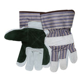 The MCR Safety Memphis 1411A Double Leather Palm Work Glove (12 pairs) features abrasion-resistant green and gray cowhide leather with reinforced palms and fingers, striped cuffs, and displays both palm and back sides.