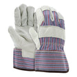 MCR Safety Economy Patch Leather Palm Gloves 1931L (12 pairs) feature white cowhide leather palms/fingers, striped fabric backs, and blue/red/gray safety cuffs. Shown with one glove facing up and one facing down. Brand: MCR Safety.