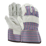 MCR Safety Economy Patch Leather Palm Gloves 1931L (12 pairs) feature white cowhide leather palms/fingers, striped fabric backs, and blue/red/gray safety cuffs. Shown with one glove facing up and one facing down. Brand: MCR Safety.