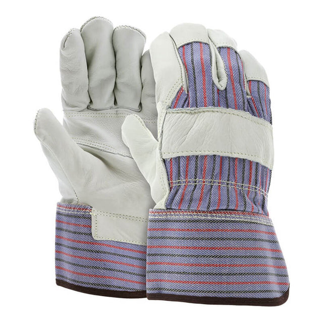 MCR Safety Economy Patch Leather Palm Gloves 1931L (12 pairs) feature white cowhide leather palms/fingers, striped fabric backs, and blue/red/gray safety cuffs. Shown with one glove facing up and one facing down. Brand: MCR Safety.