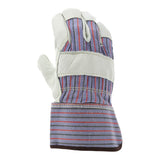 MCR Safety Economy Patch Leather Palm Gloves 1931L (12 pairs) feature abrasion-resistant white cowhide leather palms and fingers, a striped blue, red, and gray fabric back, and a safety cuff. Brand: MCR Safety.
