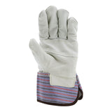 MCR Safety Economy Patch Leather Palm Gloves 1931L (12 pairs) by MCR Safety feature abrasion-resistant white cowhide leather, a wide striped safety cuff, and a palm-forward design with slightly bent fingers.