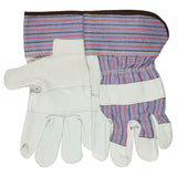 The MCR Safety Economy Patch Leather Palm Gloves 1931L (12 pairs) feature white cowhide leather palms and fingers, striped blue/red/gray fabric backs, and reinforced brown-trim safety cuffs for extra protection.
