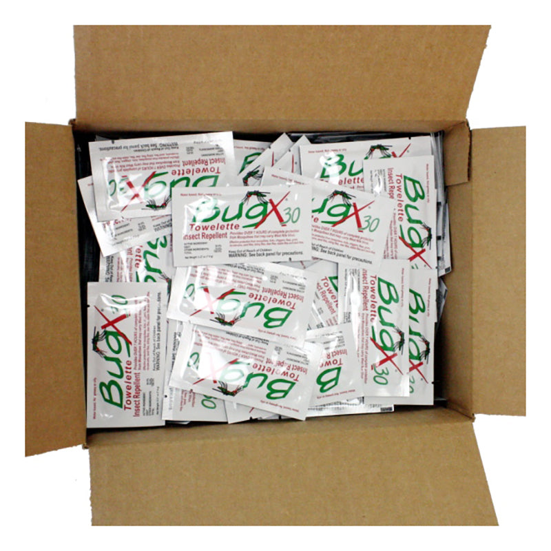 A cardboard box contains 300 individually wrapped Coretex BugX30 Deet Insect Repellent Towelettes (item 12643), providing reliable mosquito and tick protection. Each packet features white packaging with green and red text.