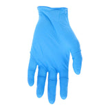 A blue MCR Safety Memphis Nitrishield 6015 nitrile glove, powder free and chemical resistant, is shown worn on a left hand with fingers slightly spread against a white background. Sold as 10 boxes of disposable gloves.
