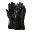 A pair of MCR Safety Memphis Single Dipped Smooth Finish Glove 6212, black chemical resistant gloves with extended cuffs, stands upright with one glove slightly ahead of the other. Sold as 12 pairs.