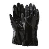 A pair of MCR Safety Memphis Single Dipped Smooth Finish Glove 6212, black chemical resistant gloves with extended cuffs, stands upright with one glove slightly ahead of the other. Sold as 12 pairs.