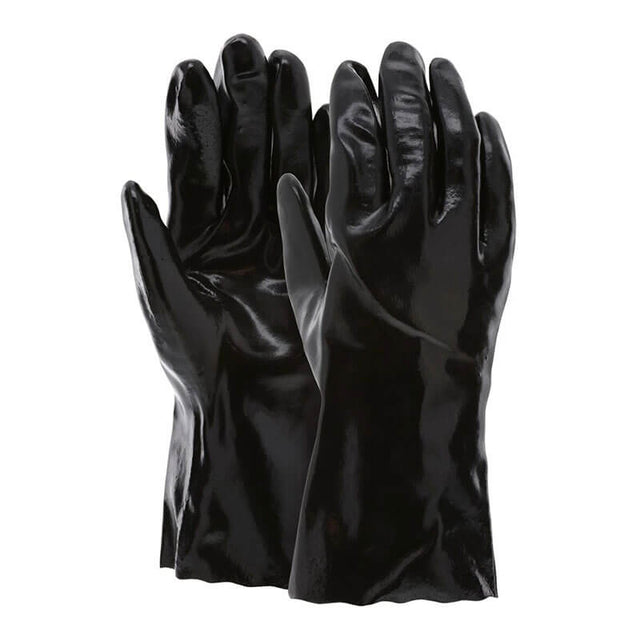 A pair of MCR Safety Memphis Single Dipped Smooth Finish Glove 6212, black chemical resistant gloves with extended cuffs, stands upright with one glove slightly ahead of the other. Sold as 12 pairs.