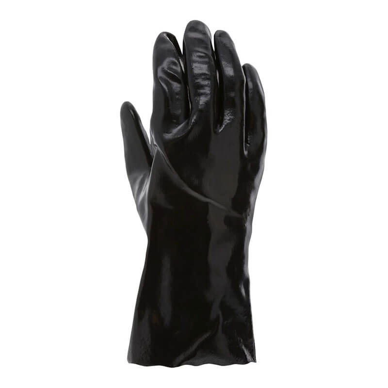 The MCR Safety Memphis Single Dipped Smooth Finish Glove 6212 (12 pairs) is displayed upright, black and shiny, with gently bent fingers that mimic a relaxed hand.