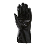 The MCR Safety Memphis Single Dipped Smooth Finish Glove 6212 (12 pairs) is shown upright, with extended fingers and palm forward, highlighting its shiny black PVC coating and reliable chemical resistance.