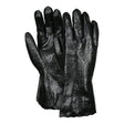 A pair of MCR Memphis 6212R Single Dipped PVC Gloves from MCR Safety, characterized by their black, glossy texture and textured finish, is stacked against a white background. These gloves display a slightly wrinkled appearance, indicating they are heavy-duty and designed for chemical protection.