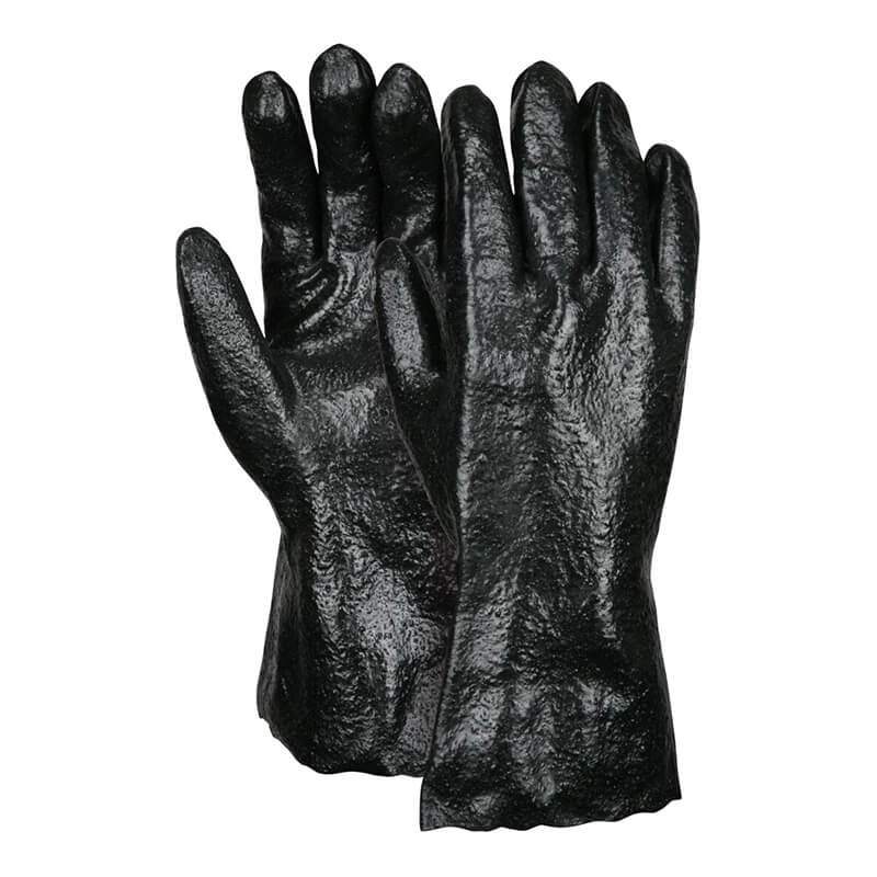 A pair of MCR Memphis 6212R Single Dipped PVC Gloves from MCR Safety, characterized by their black, glossy texture and textured finish, is stacked against a white background. These gloves display a slightly wrinkled appearance, indicating they are heavy-duty and designed for chemical protection.