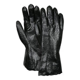 A pair of MCR Memphis 6212R Single Dipped PVC Gloves from MCR Safety, characterized by their black, glossy texture and textured finish, is stacked against a white background. These gloves display a slightly wrinkled appearance, indicating they are heavy-duty and designed for chemical protection.