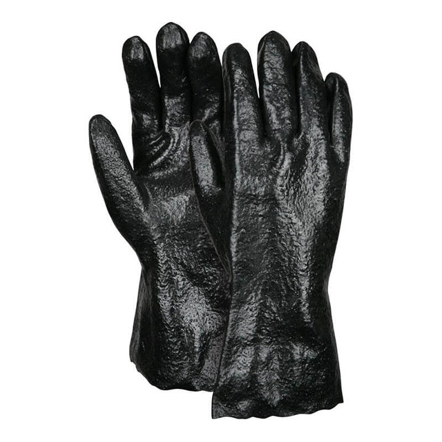 A pair of MCR Memphis 6212R Single Dipped PVC Gloves from MCR Safety, characterized by their black, glossy texture and textured finish, is stacked against a white background. These gloves display a slightly wrinkled appearance, indicating they are heavy-duty and designed for chemical protection.