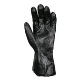 The MCR Safety Memphis 6212R Single Dipped PVC Glove stands upright with slightly bent fingers against a white background, featuring a textured, shiny surface that highlights its chemical protection and use as a safety glove.