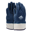 A pair of MCR Safety Predator Rough 9761R dark blue fully coated nitrile gloves with white cuffs, featuring the logo and "ANSI CUT A3" on the back, is displayed upright on a plain background.