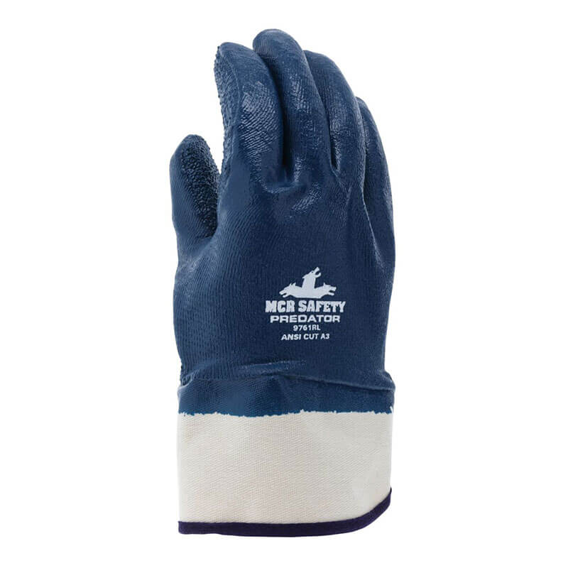 The MCR Memphis Predator Rough Fully Coated Nitrile Cuff Glove 9761R by MCR Safety features a textured blue nitrile surface and white cuff—ideal for reliable jobsite protection. Sold in packs of 12 pairs.