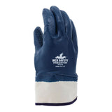 The MCR Memphis Predator Rough Fully Coated Nitrile Cuff Glove 9761R by MCR Safety features a textured blue nitrile surface and white cuff—ideal for reliable jobsite protection. Sold in packs of 12 pairs.