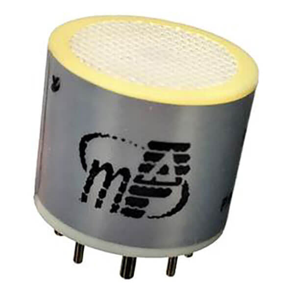 The mPower UNI MP100 ClO2 Replacement Sensor M080-0004-000 by mPower Electronics is a round electronic component that features a gray metallic body and a yellow top with a white mesh surface. It has multiple metal pins at the bottom and displays a black logo with stylized letters on its side.